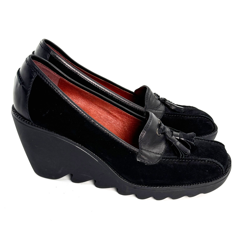 Donald Pliner Black Suede Leather Wedge Loafer Shoes Women Size 10M Tassel